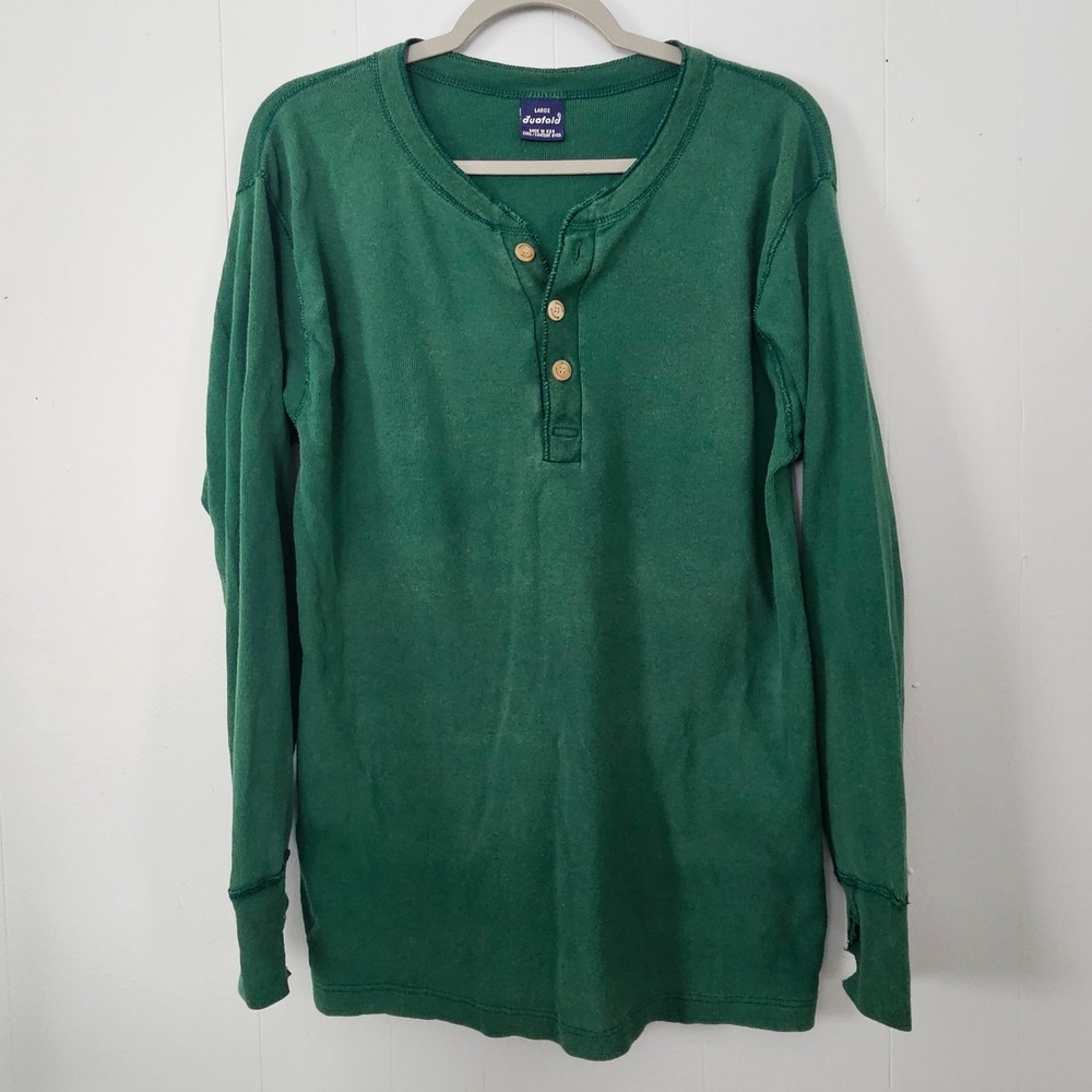 Duofold Henley‎ Shirt Mens Large Green  Vintage Long Sleeve Ribbed Made in USA